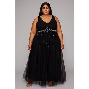 Black Beaded Pearl Details Whimsygoth Grunge V-Neck Sheer Maxi Dress Women Sz 3X